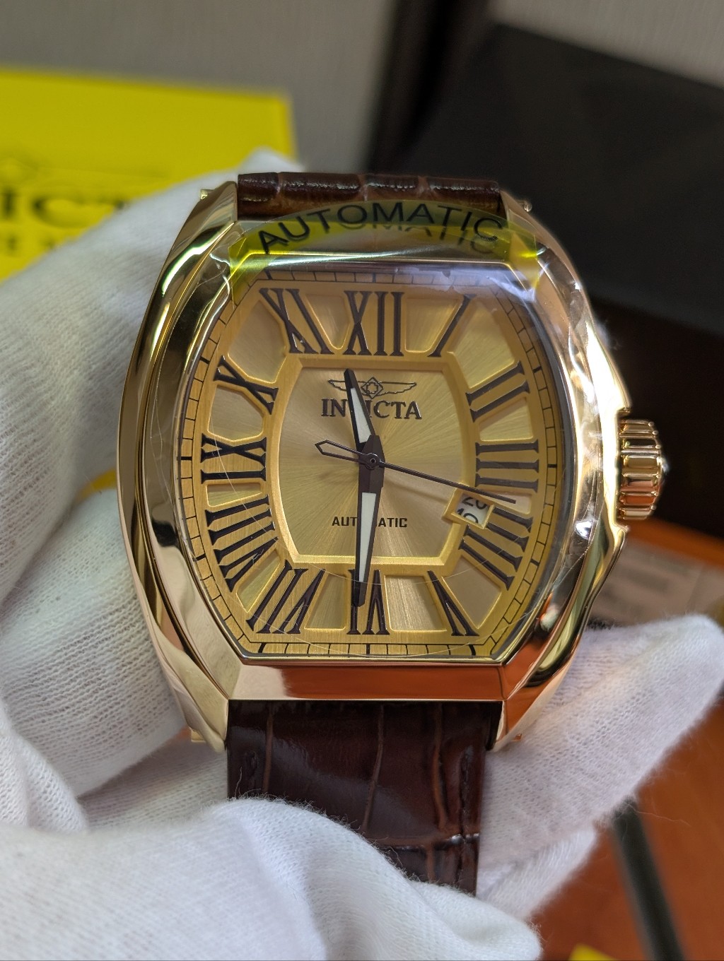 Invicta Pro Diver 44509 Men’s Automatic 48 Mm Gold Ss Watch Brown Leather Wr100m